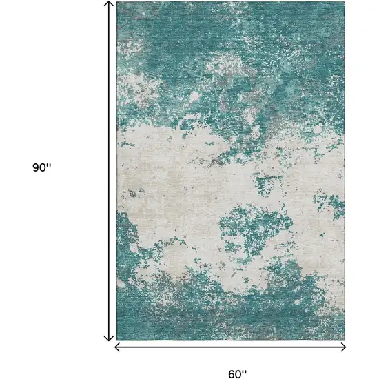 Teal And Ivory Abstract Washable Area Rug With UV Protection Photo 7