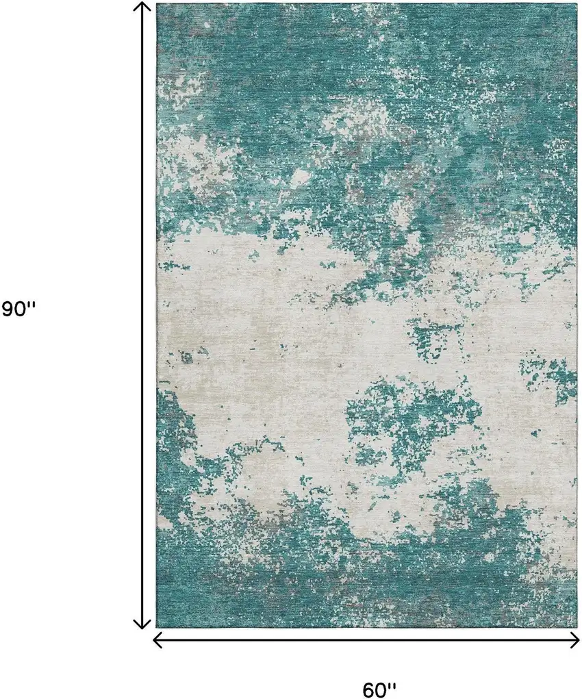 Teal And Ivory Abstract Washable Area Rug With UV Protection Photo 7