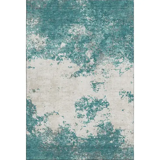Teal And Ivory Abstract Washable Area Rug With UV Protection Photo 1