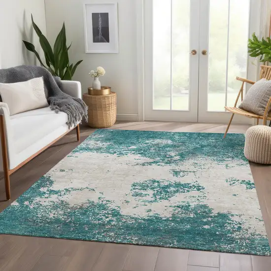 Teal And Ivory Abstract Washable Area Rug With UV Protection Photo 4