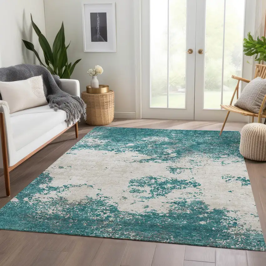 Teal And Ivory Abstract Washable Area Rug With UV Protection Photo 4