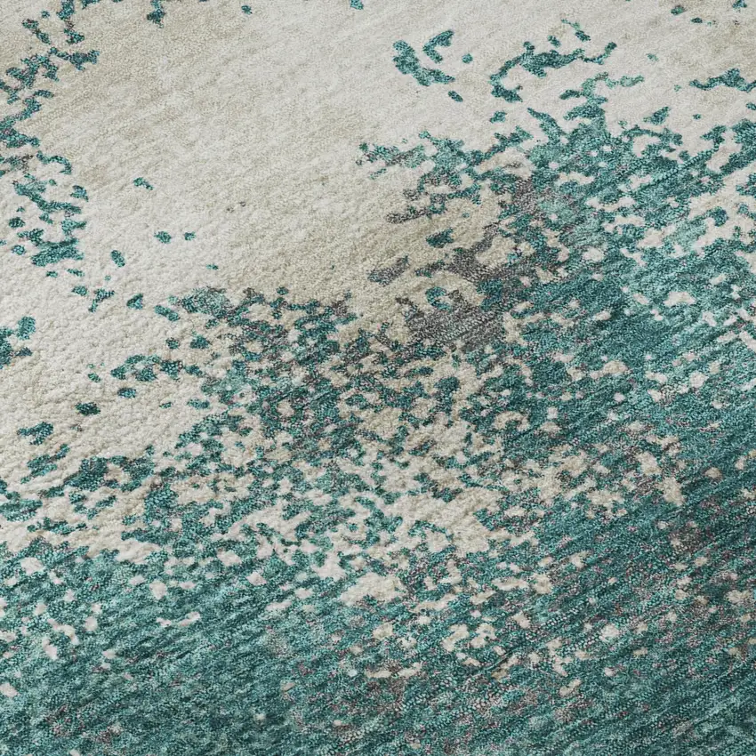 Teal And Ivory Abstract Washable Area Rug With UV Protection Photo 8