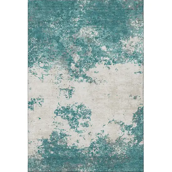 Teal And Ivory Abstract Washable Area Rug With UV Protection Photo 2