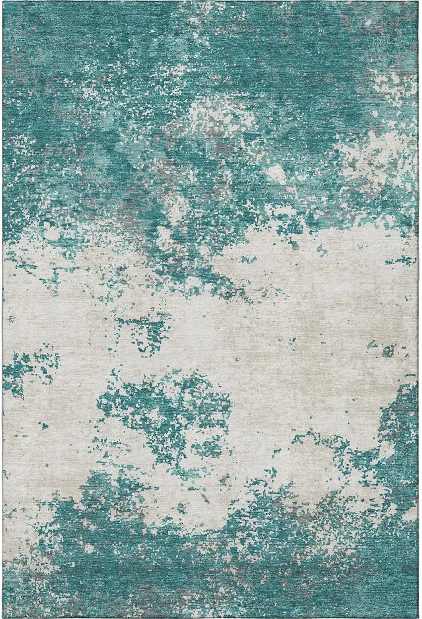 Teal And Ivory Abstract Washable Area Rug With UV Protection Photo 2