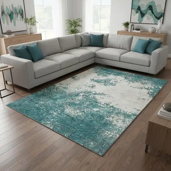 Teal And Ivory Abstract Washable Area Rug With UV Protection Photo 2