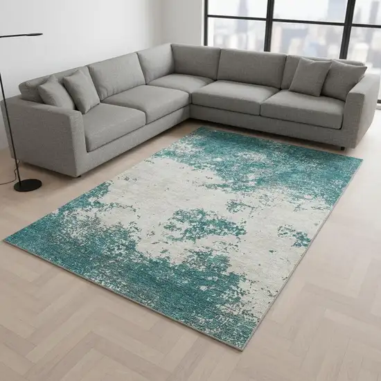 Teal And Ivory Abstract Washable Area Rug With UV Protection Photo 2