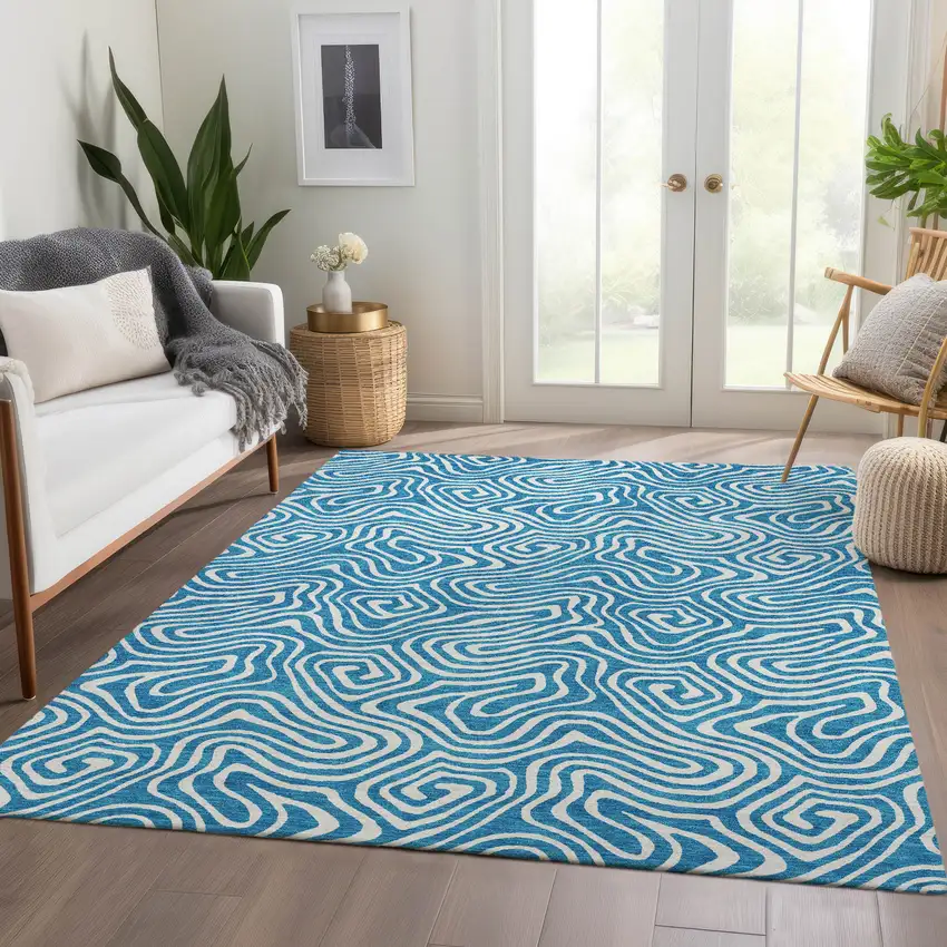 Teal And Ivory Abstract Washable Area Rug With UV Protection Photo 5