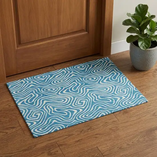 Teal And Ivory Abstract Washable Area Rug With UV Protection Photo 1