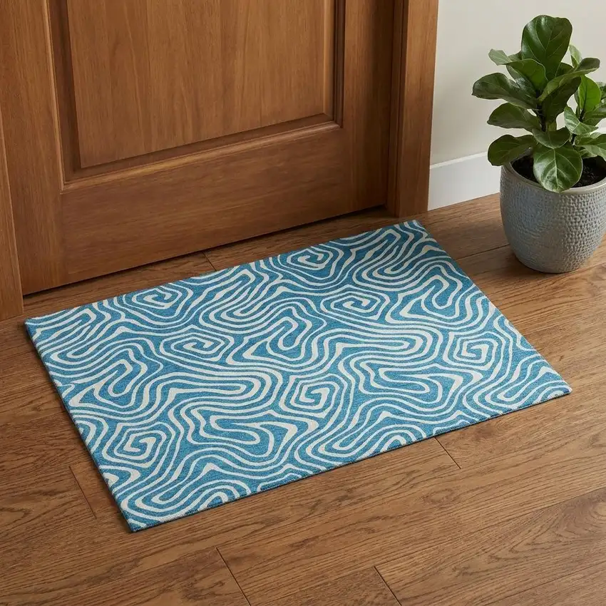 Teal And Ivory Abstract Washable Area Rug With UV Protection Photo 1