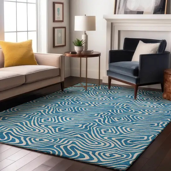 Teal And Ivory Abstract Washable Area Rug With UV Protection Photo 4