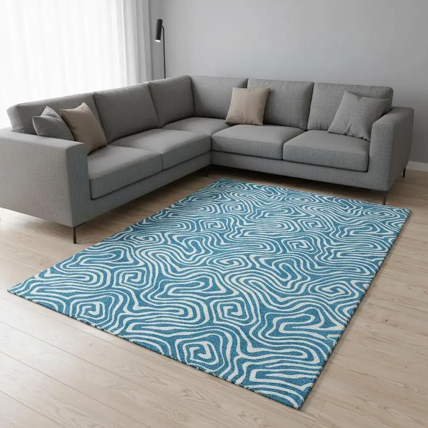 Teal And Ivory Abstract Washable Area Rug With UV Protection Photo 2