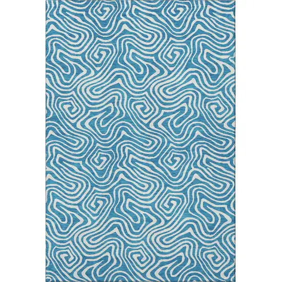 Teal And Ivory Abstract Washable Area Rug With UV Protection Photo 3