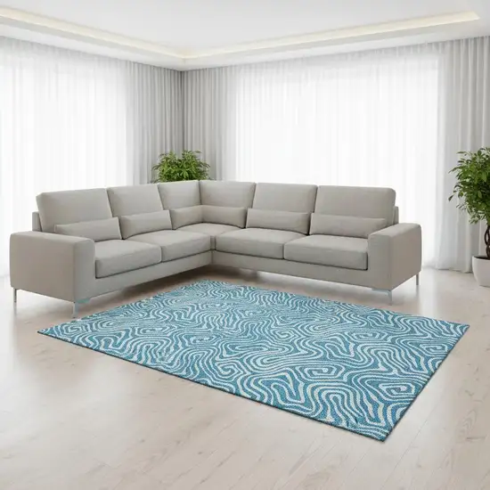 Teal And Ivory Abstract Washable Area Rug With UV Protection Photo 2