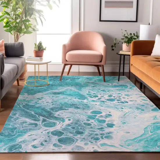 Teal And Ivory Abstract Washable Area Rug With UV Protection Photo 5