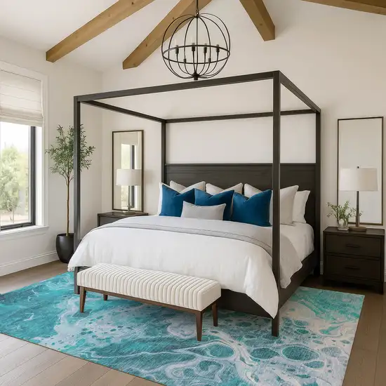 Teal And Ivory Abstract Washable Area Rug With UV Protection Photo 4