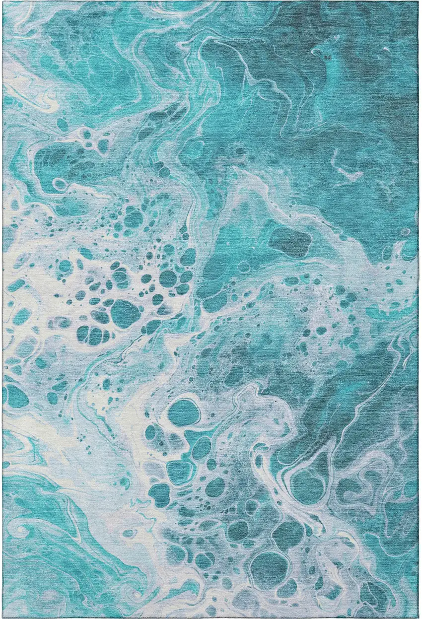 Teal And Ivory Abstract Washable Area Rug With UV Protection Photo 3