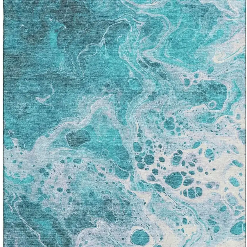 Teal And Ivory Abstract Washable Area Rug With UV Protection Photo 2