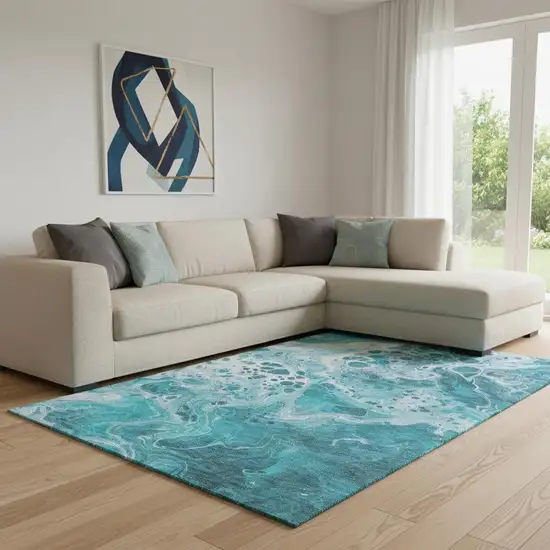 Teal And Ivory Abstract Washable Area Rug With UV Protection Photo 2