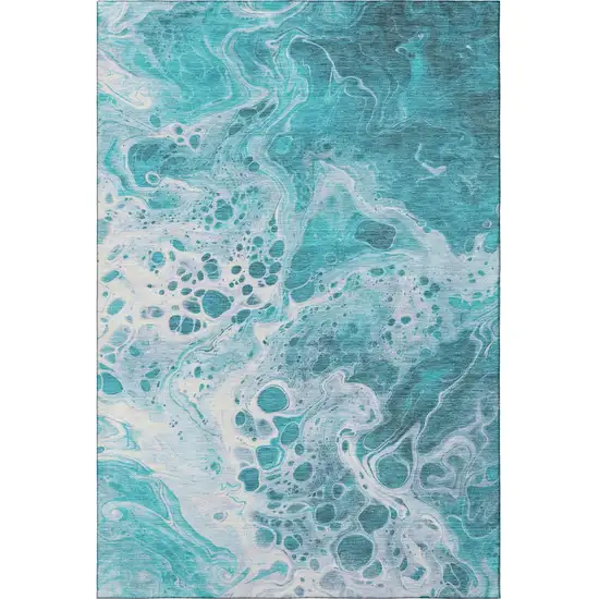 Teal And Ivory Abstract Washable Area Rug With UV Protection Photo 3