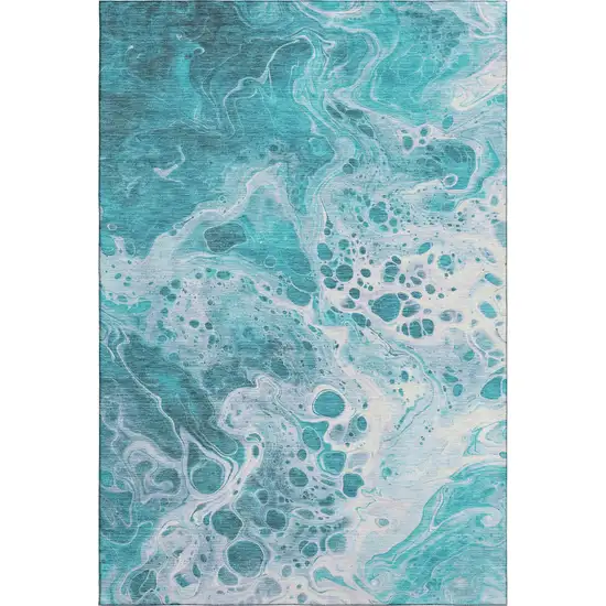 Teal And Ivory Abstract Washable Area Rug With UV Protection Photo 1
