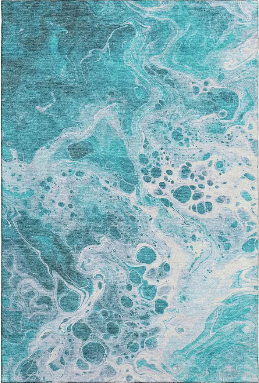 Teal And Ivory Abstract Washable Area Rug With UV Protection Photo 1