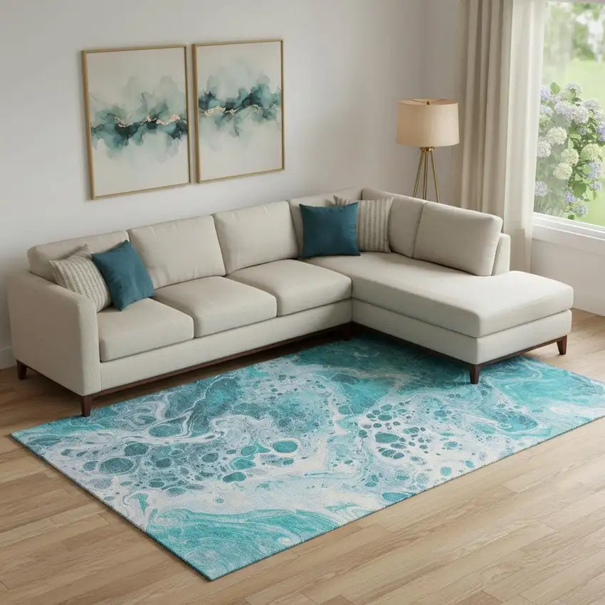 Teal And Ivory Abstract Washable Area Rug With UV Protection Photo 2