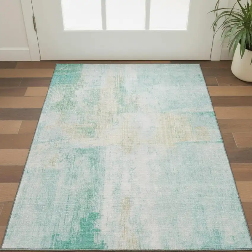 Teal And Ivory Abstract Washable Area Rug With UV Protection Photo 2