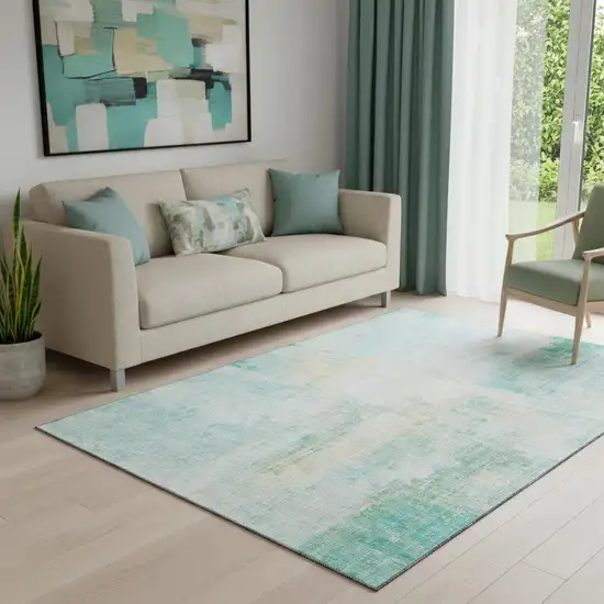 Teal And Ivory Abstract Washable Area Rug With UV Protection Photo 2