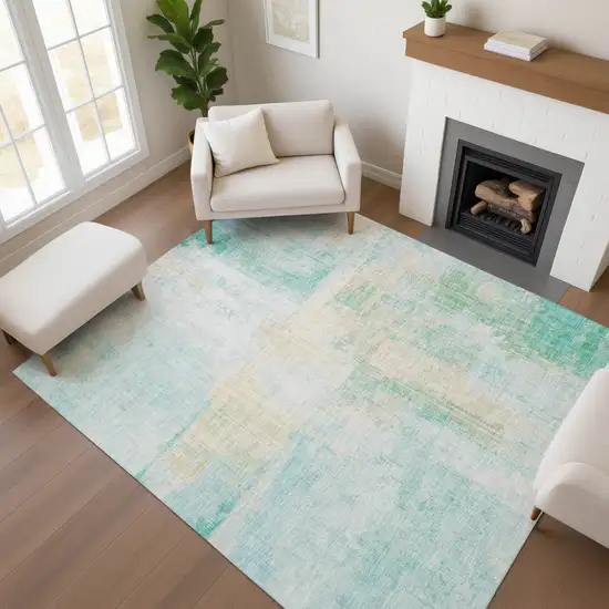 Teal And Ivory Abstract Washable Area Rug With UV Protection Photo 4