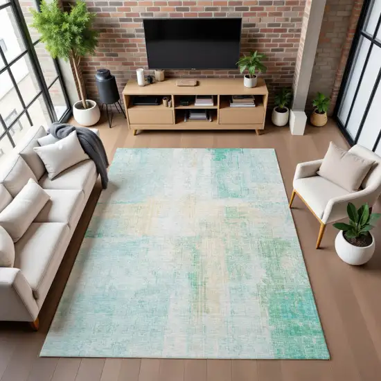 Teal And Ivory Abstract Washable Area Rug With UV Protection Photo 5