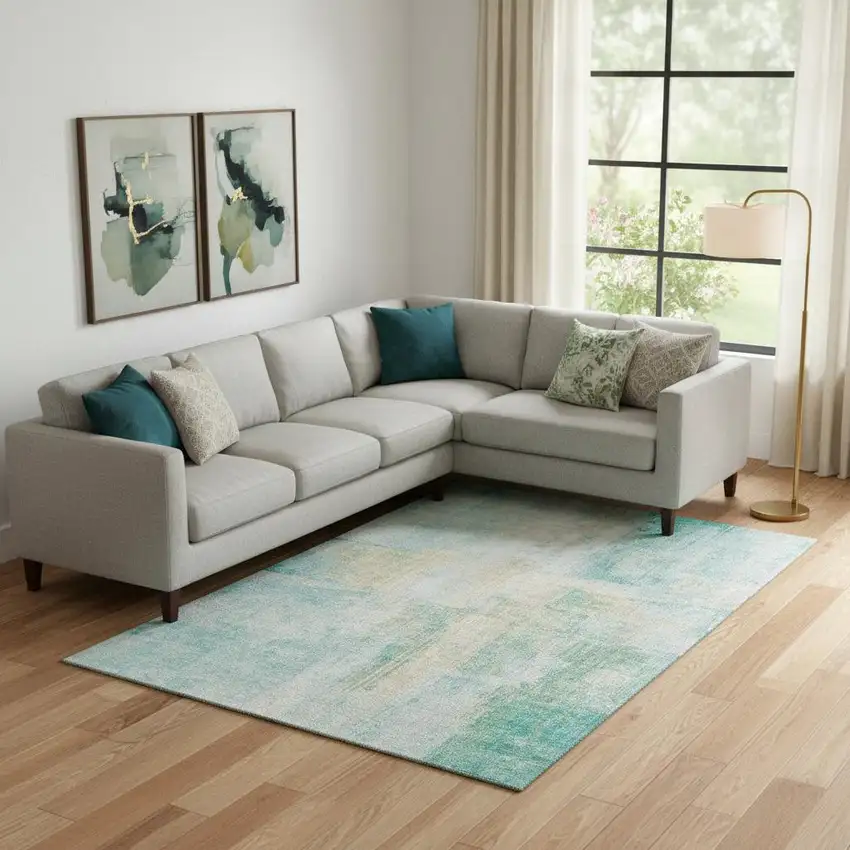 Teal And Ivory Abstract Washable Area Rug With UV Protection Photo 2