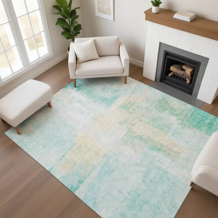 Teal And Ivory Abstract Washable Area Rug With UV Protection Photo 4
