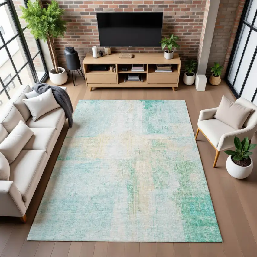 Teal And Ivory Abstract Washable Area Rug With UV Protection Photo 5