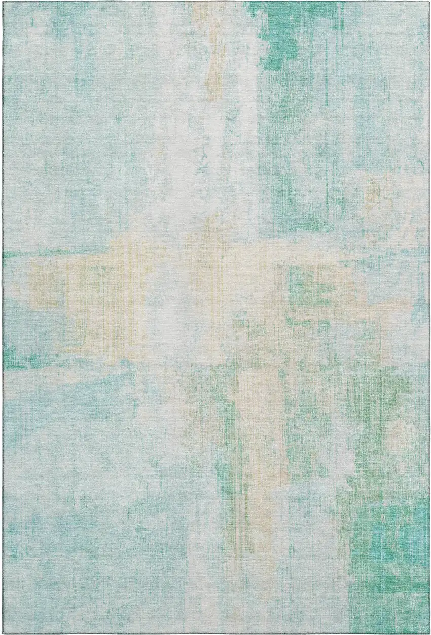 Teal And Ivory Abstract Washable Area Rug With UV Protection Photo 1
