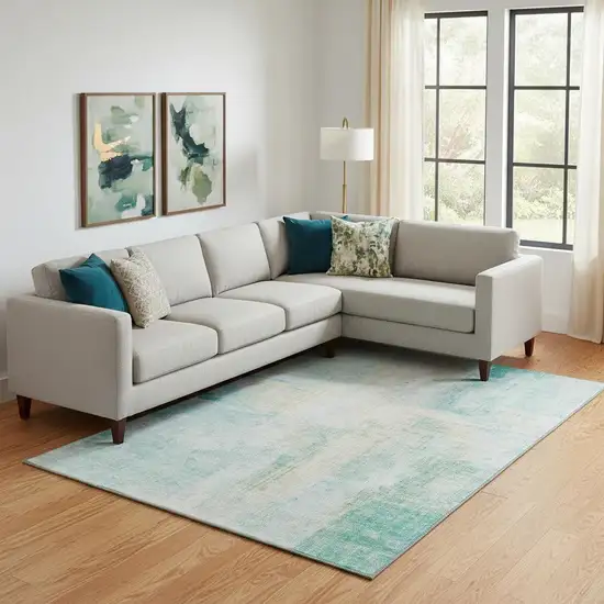 Teal And Ivory Abstract Washable Area Rug With UV Protection Photo 2
