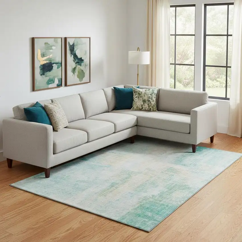 Teal And Ivory Abstract Washable Area Rug With UV Protection Photo 2