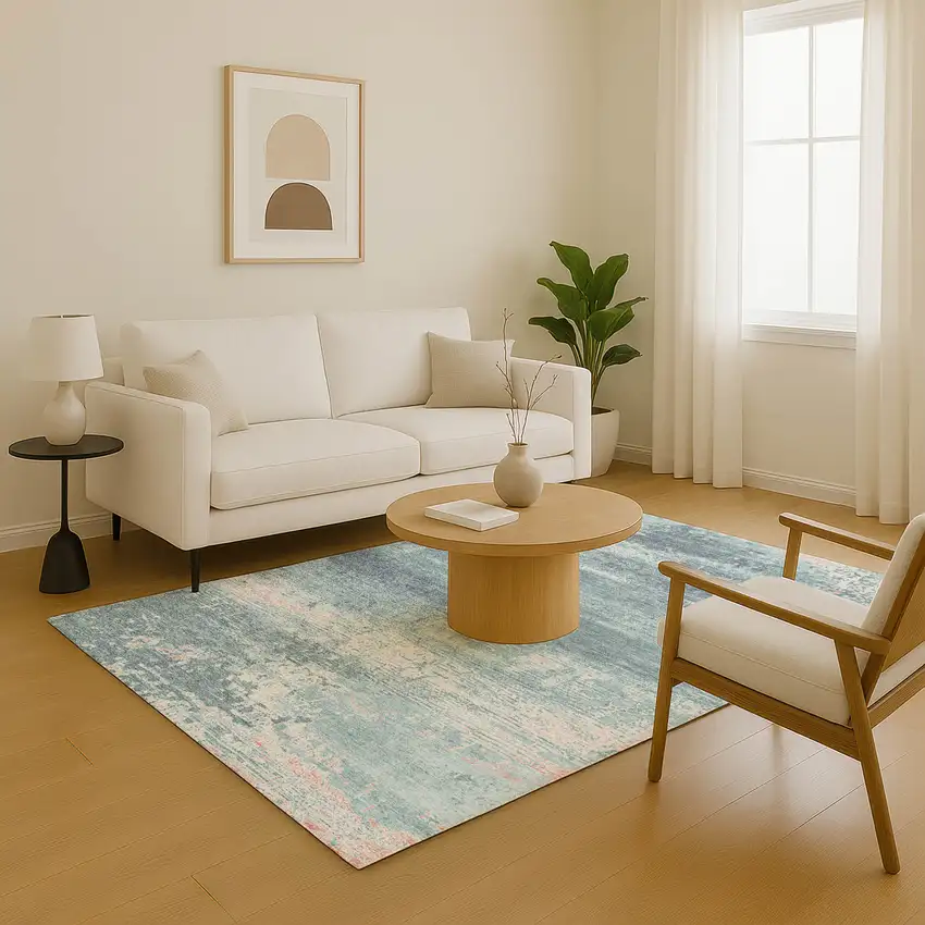 Teal And Ivory Abstract Washable Area Rug With UV Protection Photo 5