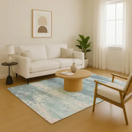 Teal And Ivory Abstract Washable Area Rug With UV Protection Photo 5