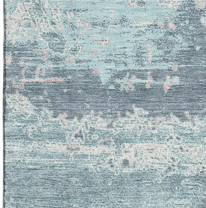 Teal And Ivory Abstract Washable Area Rug With UV Protection Photo 2