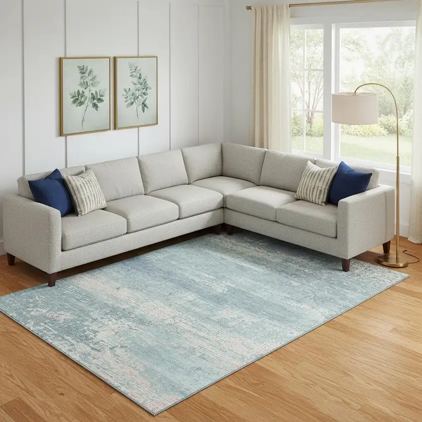 Teal And Ivory Abstract Washable Area Rug With UV Protection Photo 2