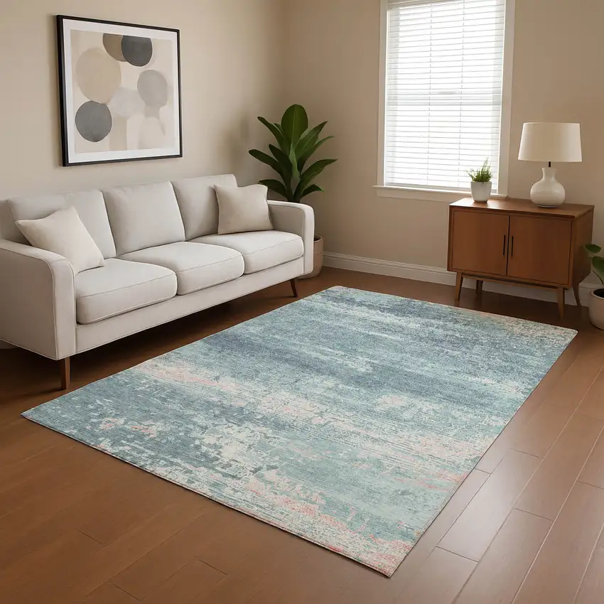 Teal And Ivory Abstract Washable Area Rug With UV Protection Photo 4