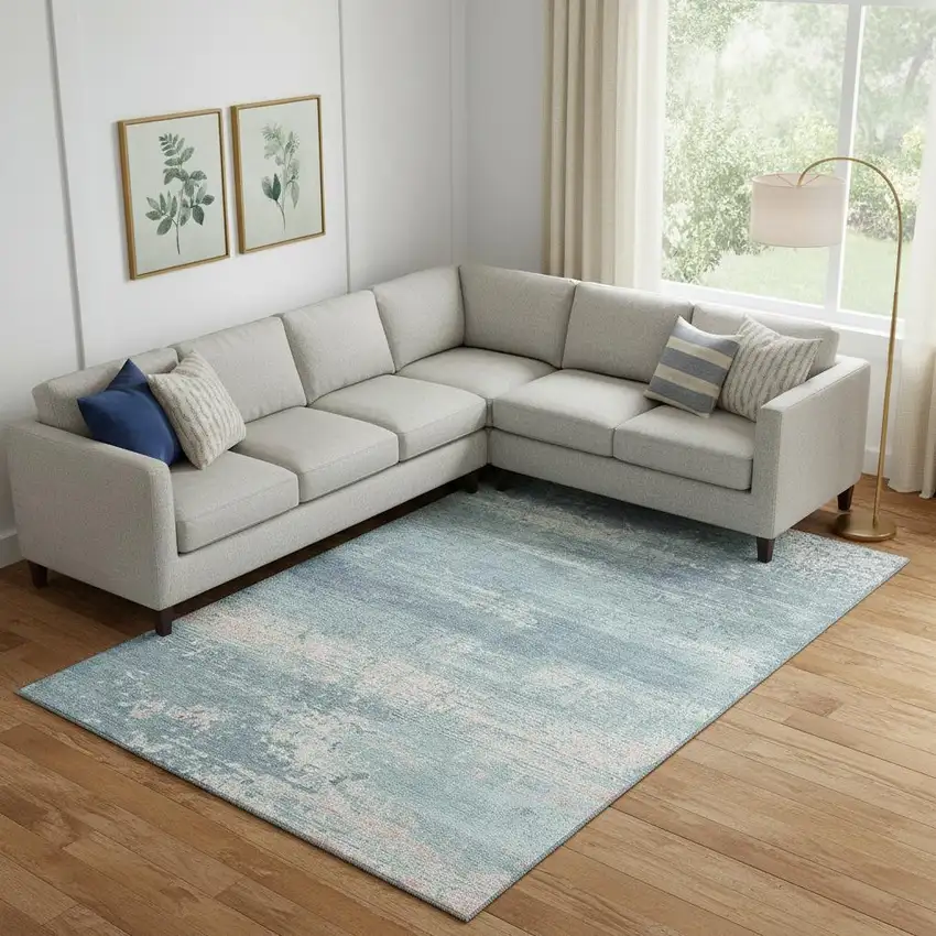 Teal And Ivory Abstract Washable Area Rug With UV Protection Photo 2