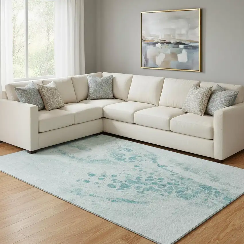 Teal And Ivory Abstract Washable Area Rug With UV Protection Photo 2