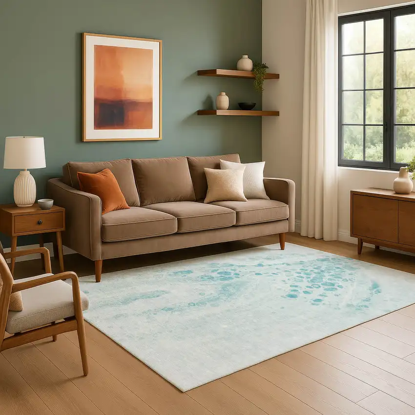 Teal And Ivory Abstract Washable Area Rug With UV Protection Photo 6