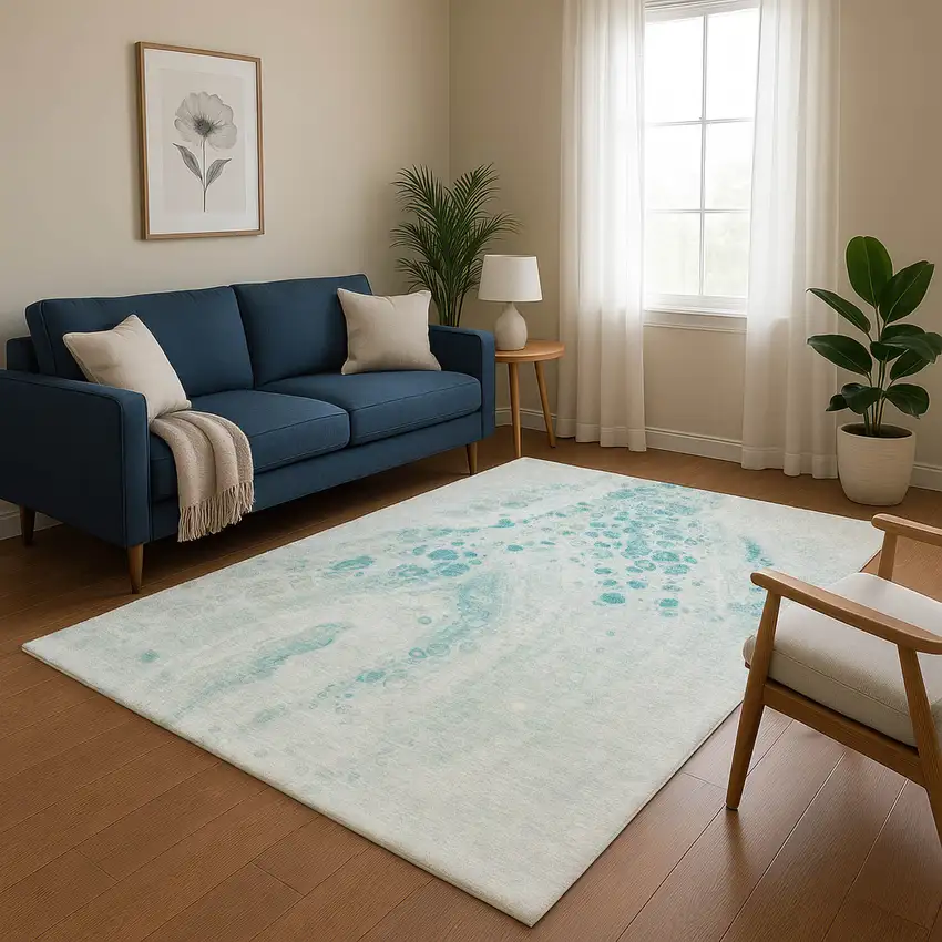 Teal And Ivory Abstract Washable Area Rug With UV Protection Photo 5