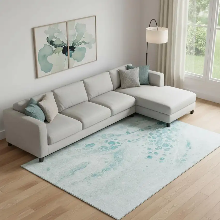 Teal And Ivory Abstract Washable Area Rug With UV Protection Photo 2