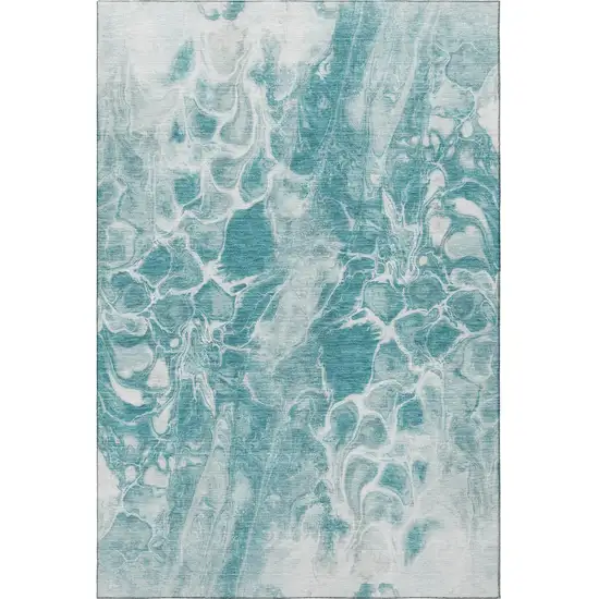 Teal And Ivory Abstract Washable Area Rug With UV Protection Photo 4