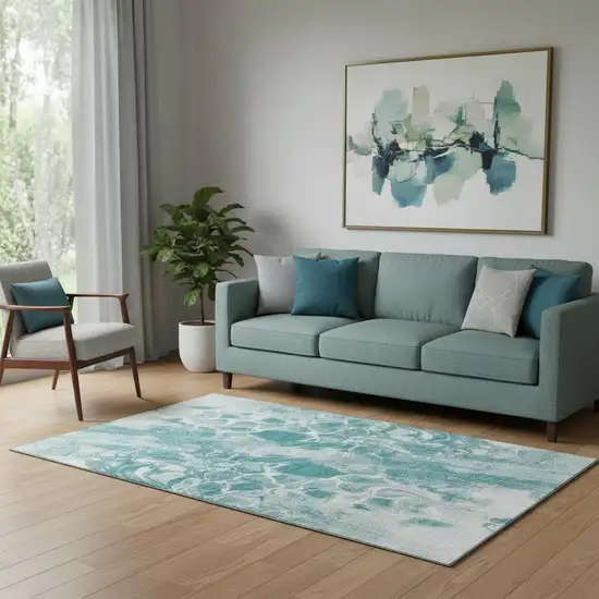Teal And Ivory Abstract Washable Area Rug With UV Protection Photo 2