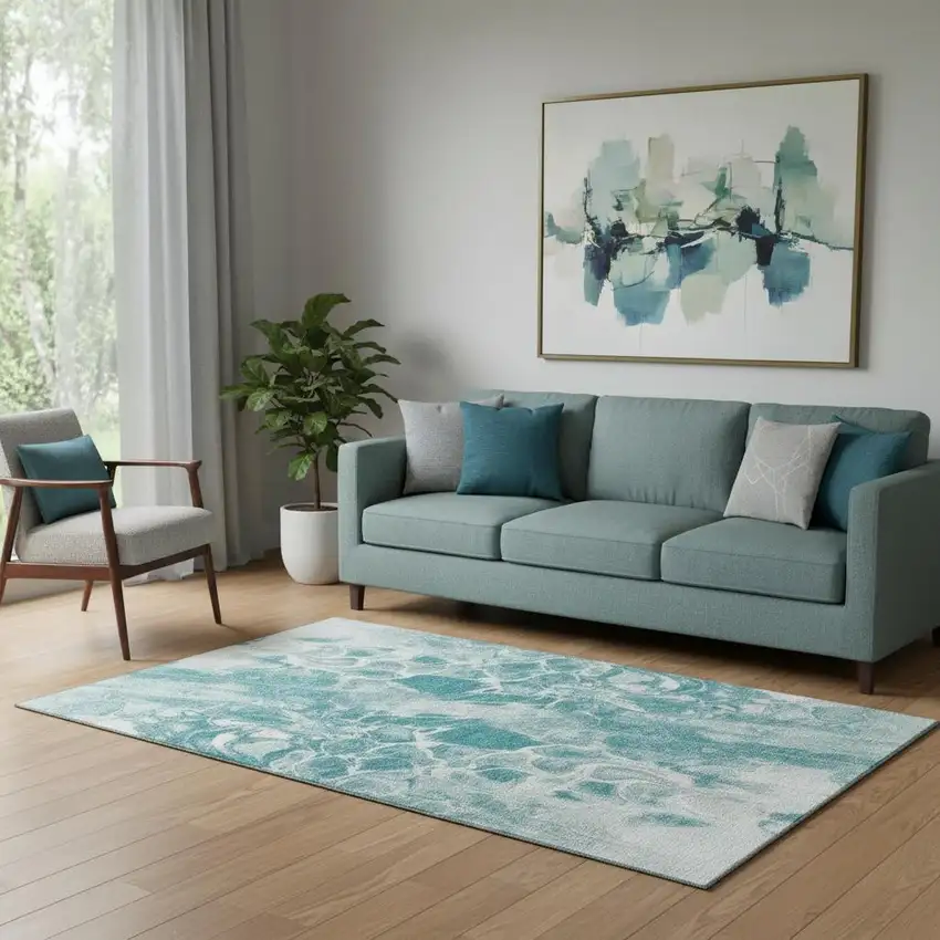 Teal And Ivory Abstract Washable Area Rug With UV Protection Photo 2