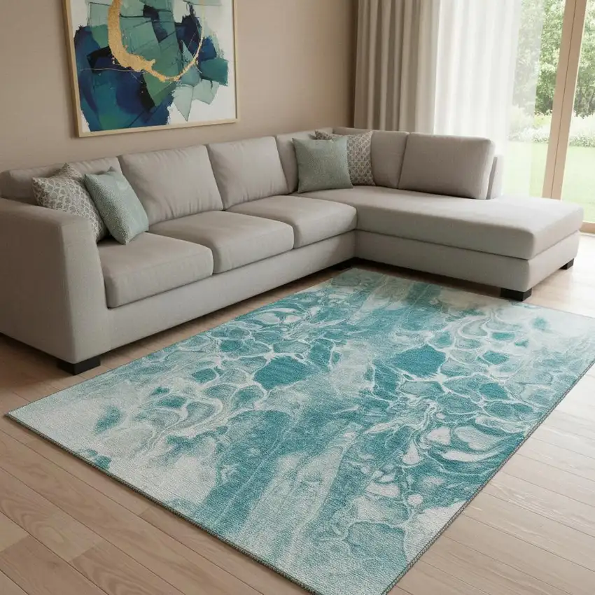 Teal And Ivory Abstract Washable Area Rug With UV Protection Photo 2